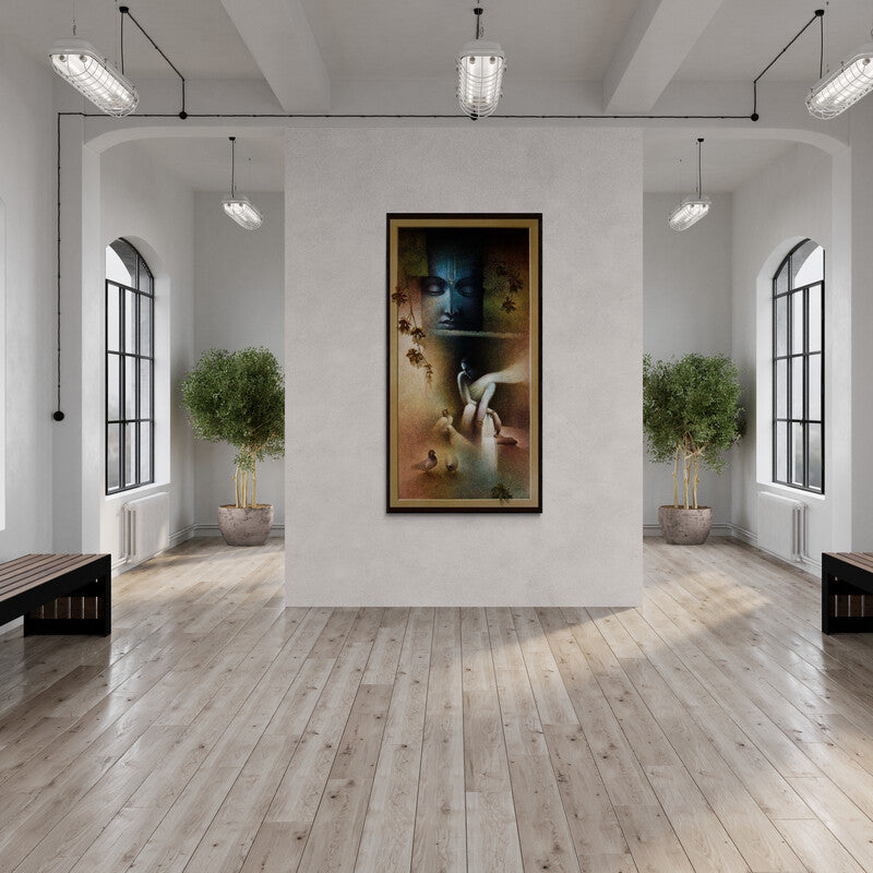 Amit Bhar's painting 'Radha Krishna (Divine Love)' displayed in a modern living room setting