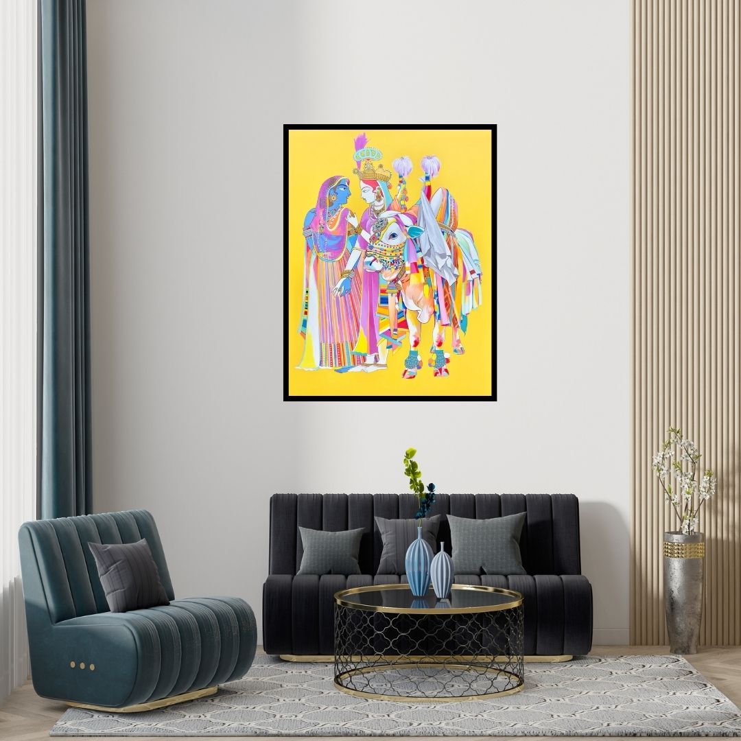 Preview of 'Radha Krishna 2 (Divine Love and Playfulness)' Painting by Mohammed Osman shown on a wall in a furnished room.