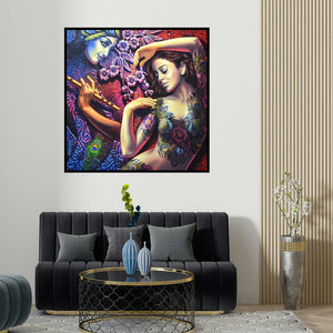 Prashanta Nayak's 'Radha Krishna 2' painting visualized above a sofa in a contemporary room.