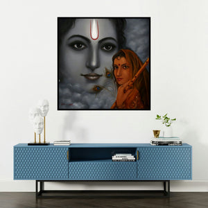 'Radha Krishna (Eternal Gaze)' painting by Rakhi Baid shown on a wall in a furnished room.