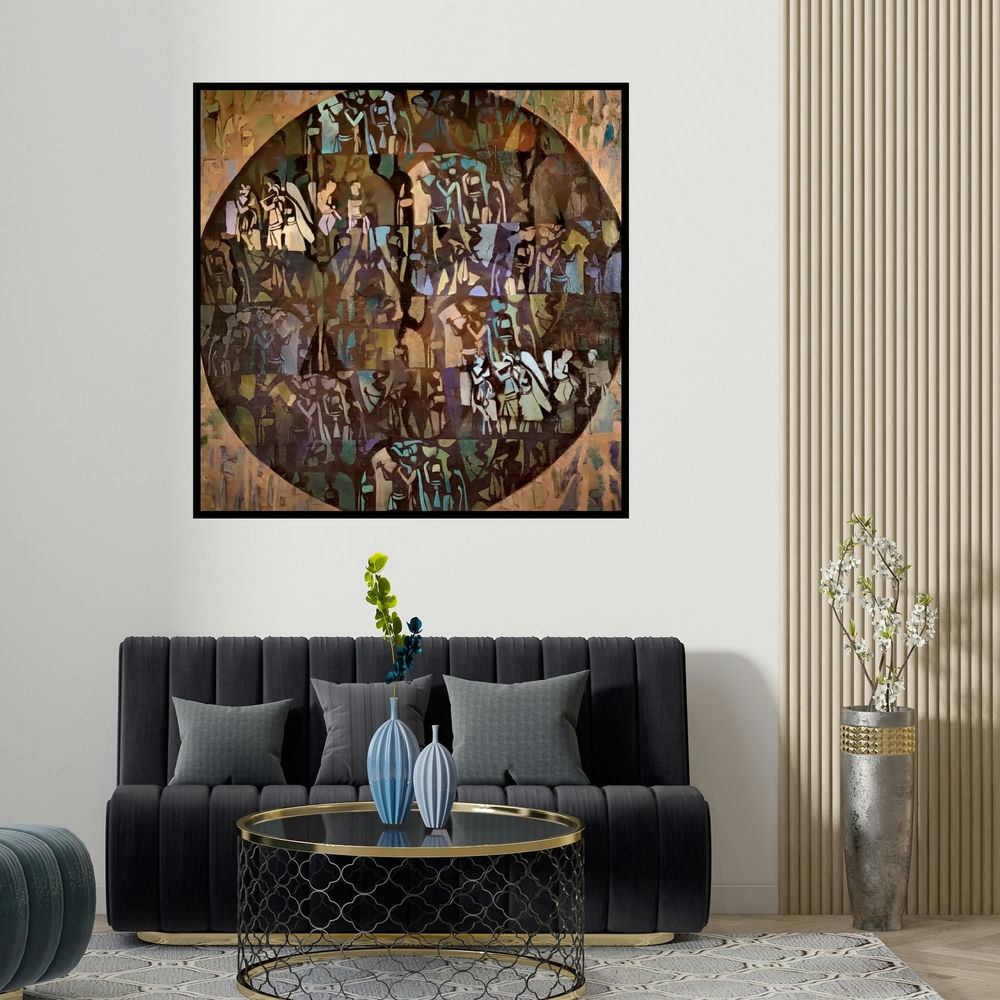 Zalak Bheda's 'Radha Krishna (Tribal Tapestry)' painting visualized above a sofa in a contemporary room.