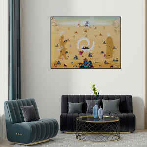 Rawindra Das's 'Radha Krishna (Eternal Love)' painting visualized above a sofa in a contemporary room.