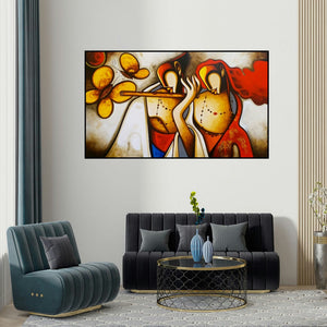 Om Swami's 'Radha Krishna (Radha Krishna)' painting visualized above a sofa in a contemporary room.