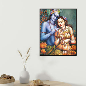 Tamali Das's 'Radha Krishna (Divine Love)' painting visualized above a sofa in a contemporary room.