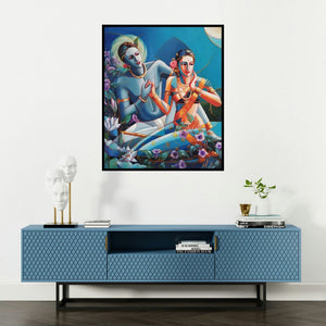 Tamali Das's 'Radha Krishna (The Cosmic Embrace)' painting visualized above a sofa in a contemporary room.