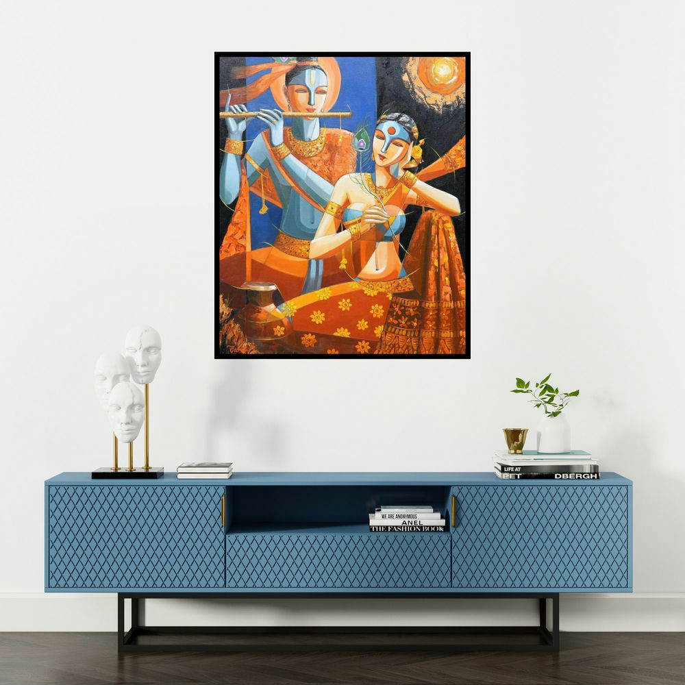 Tamali Das's 'Radha Krishna (Moonlight Serenade)' painting visualized above a sofa in a contemporary room.