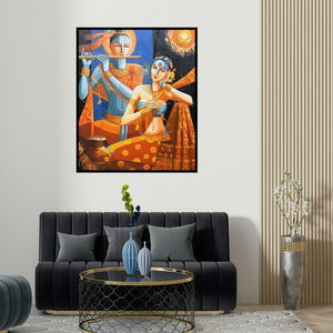 'Radha Krishna (Moonlight Serenade)' painting by Tamali Das shown on a wall in a furnished room.