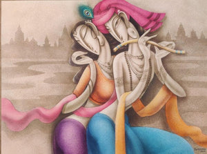 Figurative acrylic painting titled 'Radha Krishna', 36x48 inches, by artist Ramesh Pachpande on Canvas