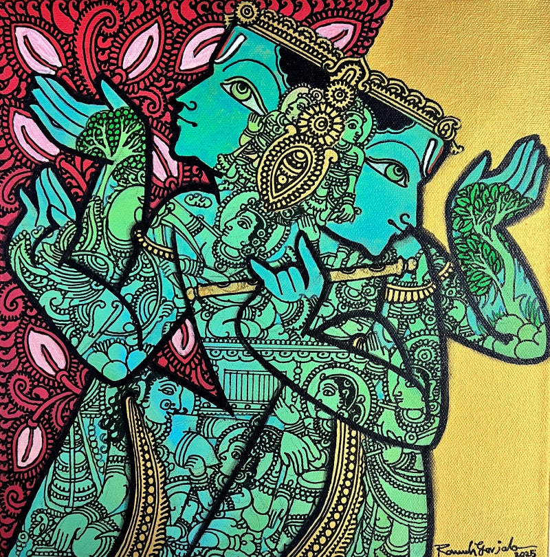 'Radha Krishna' religious acrylic painting by artist Ramesh Gorjala, 12x12 inch, on canvas
