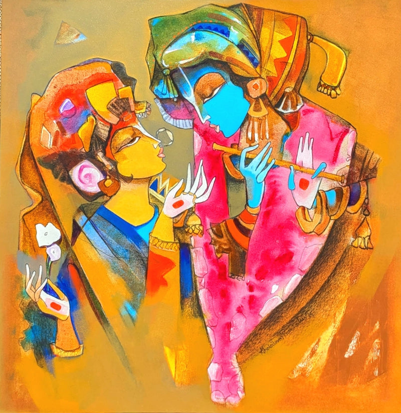 'Radha Krishna' religious acrylic painting by artist Prabhakar Ahobilam, 36x36 inch, on canvas