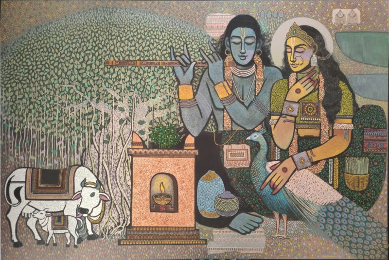 'Radha Krishna' religious acrylic painting by artist Rahul Pawar, 48x72 inch, on canvas