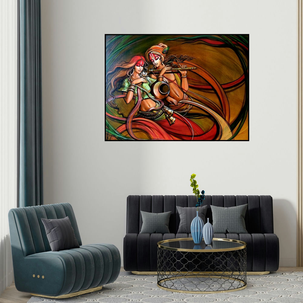 Manoj Das's 'Radha Krishna 7 (Radha Krishna Flute Song)' painting visualized above a sofa in a contemporary room.