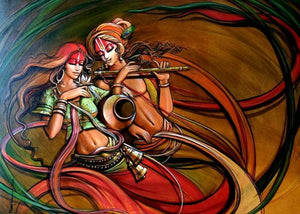 Religious acrylic painting titled 'Radha Krishna 7', 36x48 inches, by artist Manoj Das on Canvas