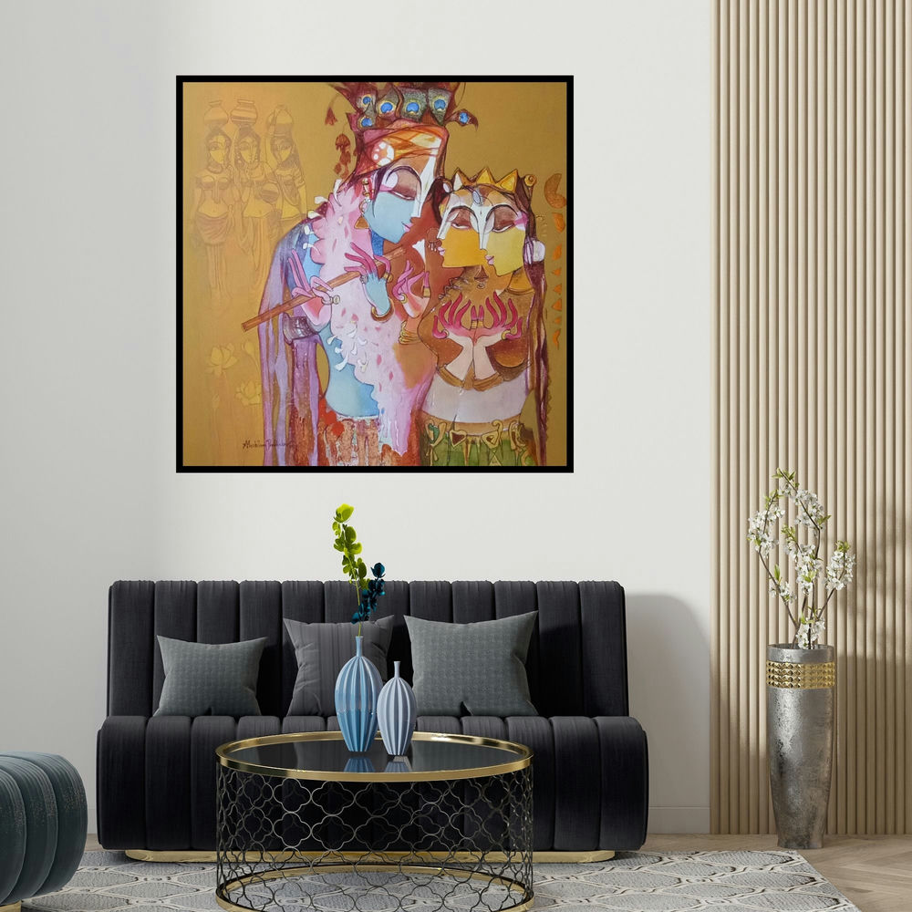 Prabhakar Ahobilam's 'Radha Krishna With Flute (Divine Love)' painting visualized above a sofa in a contemporary room.