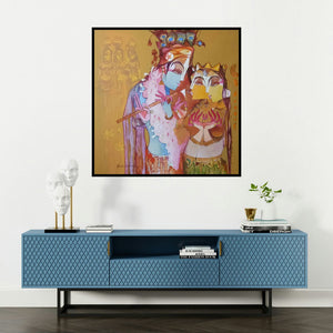 'Radha Krishna With Flute (Divine Love)' painting by Prabhakar Ahobilam shown on a wall in a furnished room.