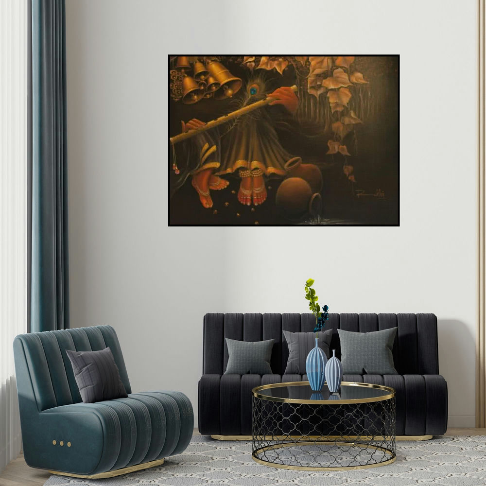Rakhi Baid's 'Radha With Krishna Flute I (Enchanting Melodies)' painting visualized above a sofa in a contemporary room.