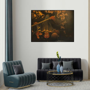 Rakhi Baid's 'Radha With Krishna Flute I (Enchanting Melodies)' painting visualized above a sofa in a contemporary room.