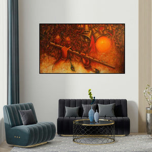 Rakhi Baid's 'Radha With Krishna Flute Ii' painting visualized above a sofa in a contemporary room.