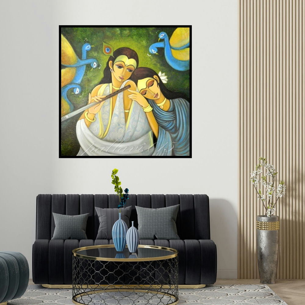 Pallavi Walunj's 'Radha Krishna I (Eternal Harmony)' painting visualized above a sofa in a contemporary room.