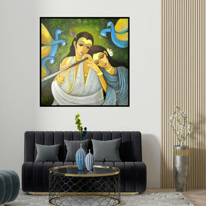 Pallavi Walunj's 'Radha Krishna I (Eternal Harmony)' painting visualized above a sofa in a contemporary room.