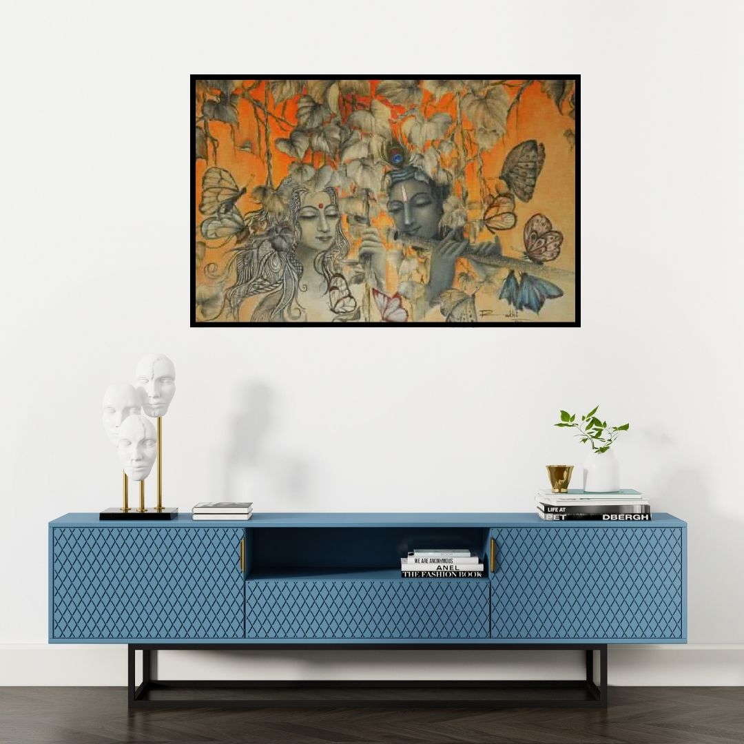 Preview of 'Radha Krishna Iii' Painting by Rakhi Baid shown on a wall in a furnished room.