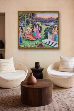 Radha Krishna In Jhula (Divine Dance) by artist Rajendra Khanna displayed in a Curated gallery