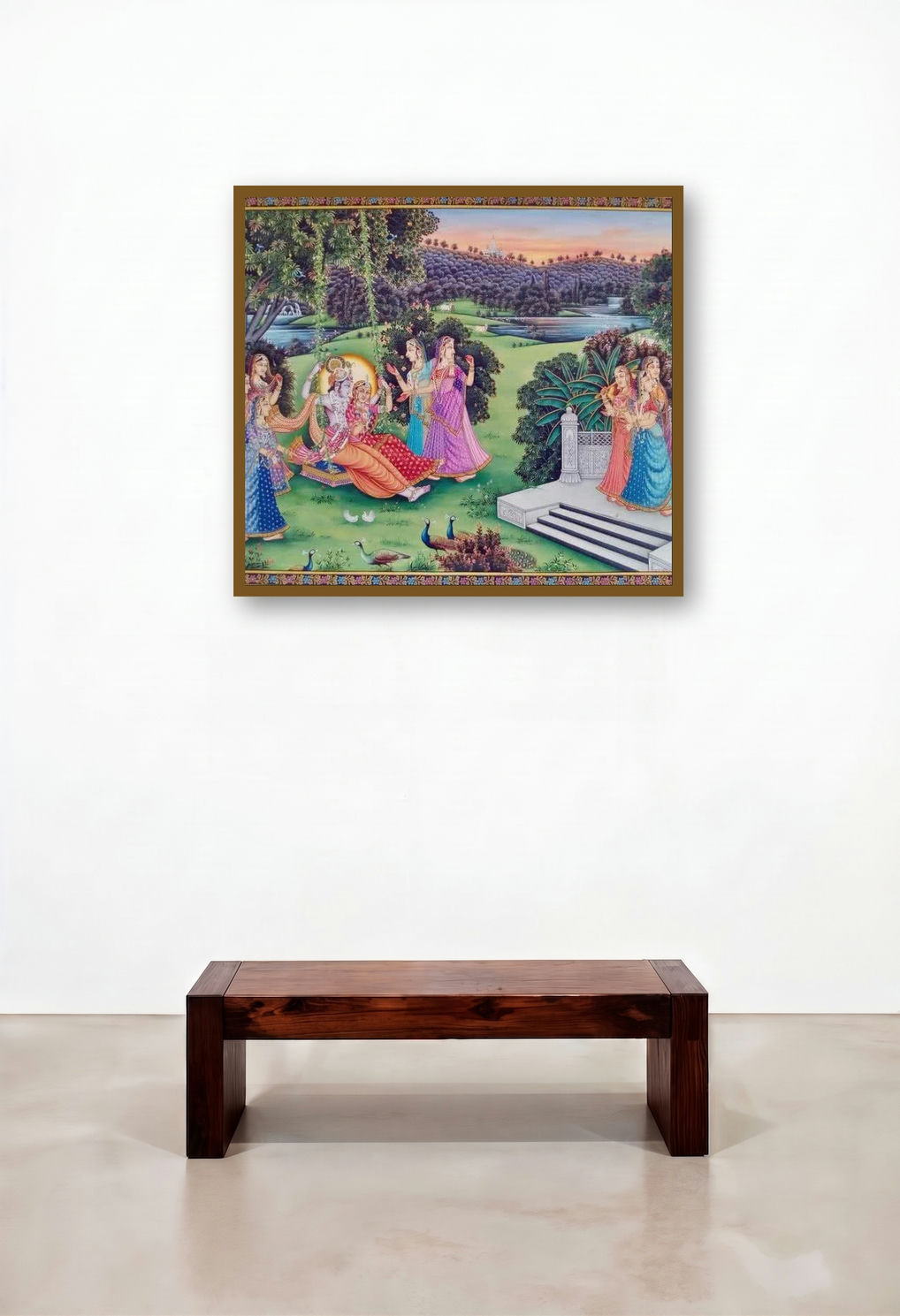 Radha Krishna In Jhula (Divine Dance) by artist Rajendra Khanna displayed in a Minimalist Hotel Suite