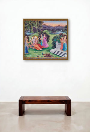 Radha Krishna In Jhula (Divine Dance) by artist Rajendra Khanna displayed in a Minimalist Hotel Suite