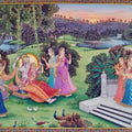 Religious tribal painting titled 'Radha Krishna in Jhula', 36x60 inches, by artist Rajendra Khanna on Cloth