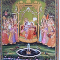 Religious tribal painting titled 'Radha Krishna Jhula II', 72x48 inches, by artist Rajendra Khanna on Cloth