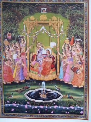 Radha Krishna Jhula Ii (Playful Divinity) by Rajendra Khanna, Original Tribal Religious Painting on Cloth, X-Large Vertical Wall Art