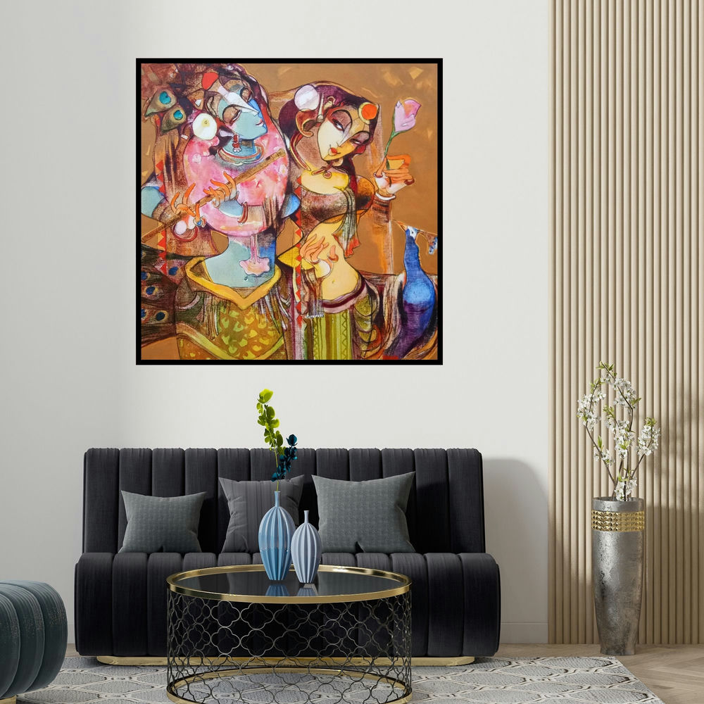 Prabhakar Ahobilam's 'Radha Krishna Love Forever (Eternal Love)' painting visualized above a sofa in a contemporary room.