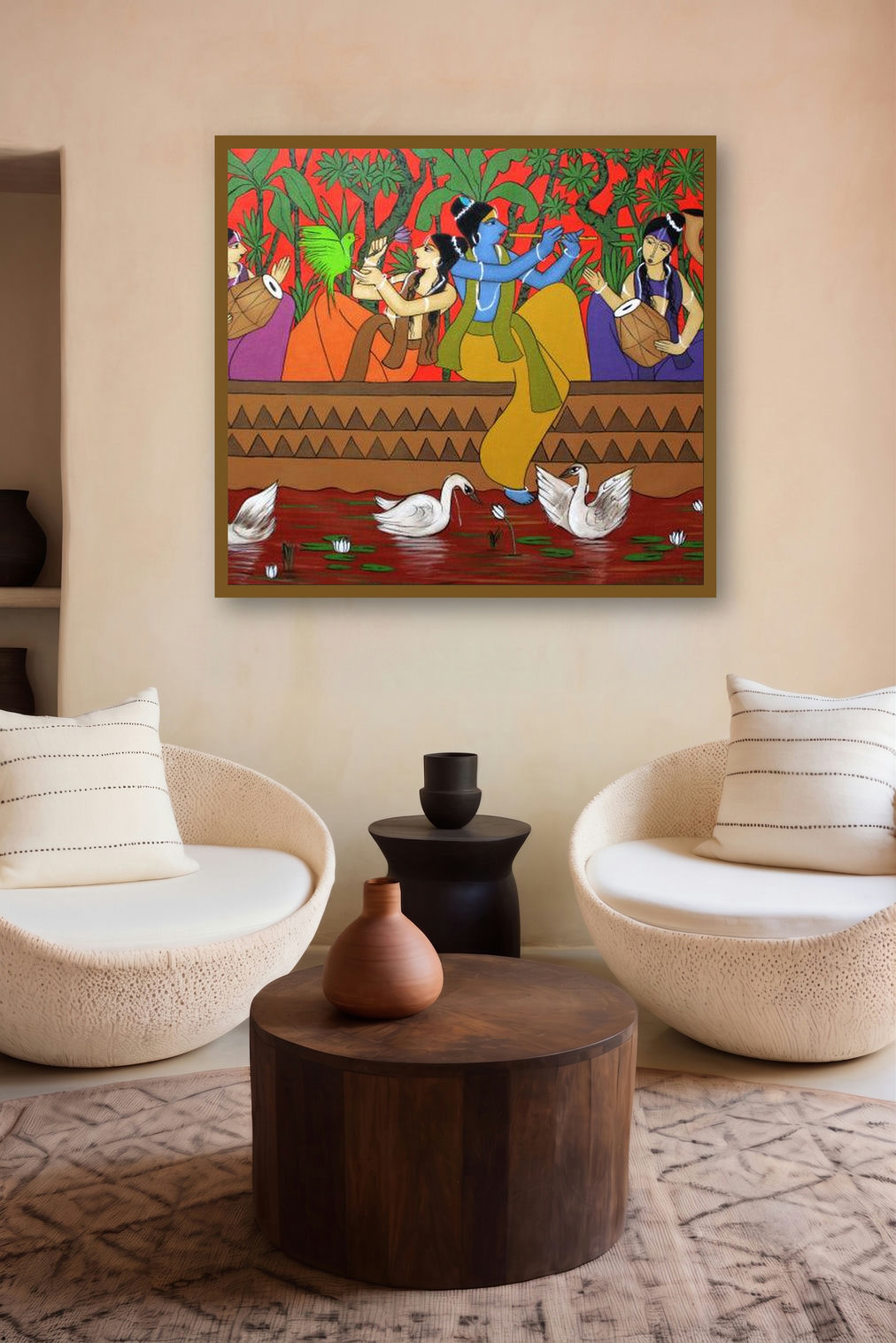 Radha Krishna Nauka Vihar (Celestial Symphony) by artist Chetan Katigar displayed in a Minimalist gallery