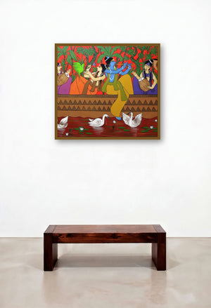Radha Krishna Nauka Vihar (Celestial Symphony) by artist Chetan Katigar displayed in a Boutique Hotel Style Living Room
