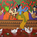 Figurative acrylic painting titled 'Radha Krishna Nauka Vihar', 38x72 inches, by artist Chetan Katigar on Canvas