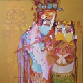 Religious acrylic painting titled 'Radha Krishna With Flute', 36x36 inches, by artist Prabhakar Ahobilam on Canvas