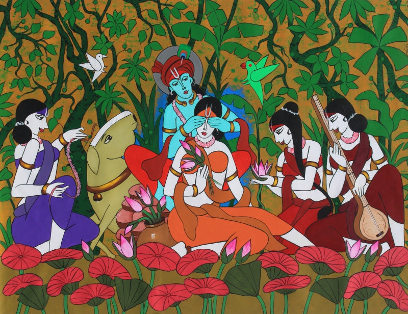 Radha Krishnas Hide N Seek' religious acrylic painting by artist Chetan Katigar, 44x59 inch, on canvas