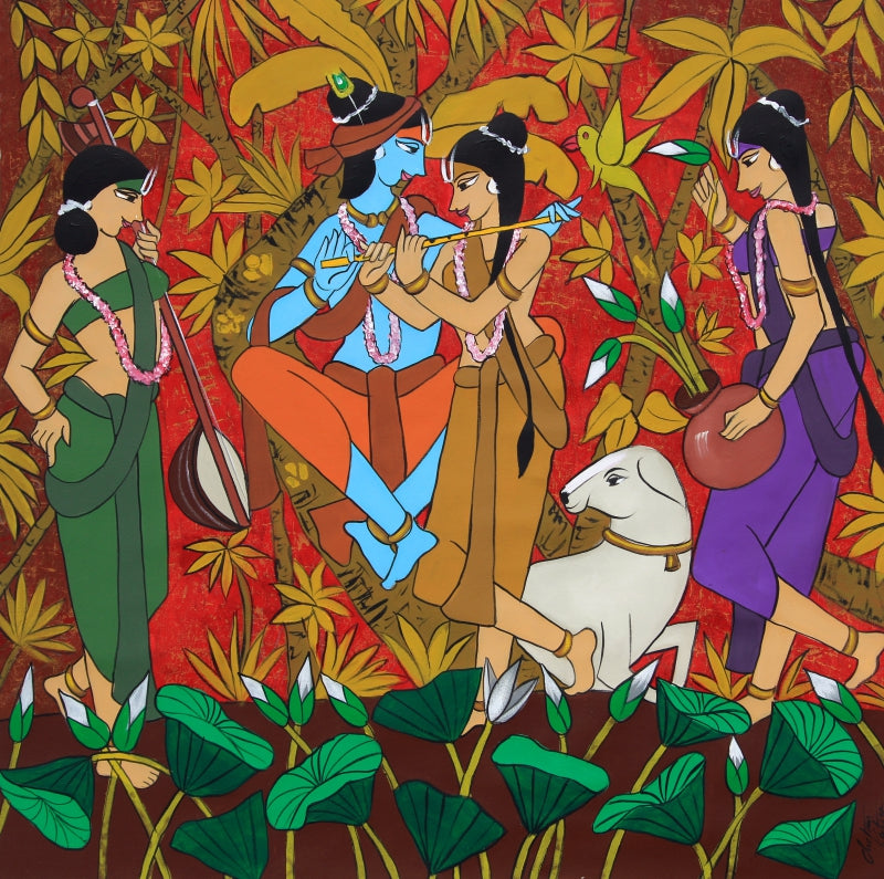 'Radha Tha Flutist' religious acrylic painting by artist Chetan Katigar, 36x36 inch, on canvas