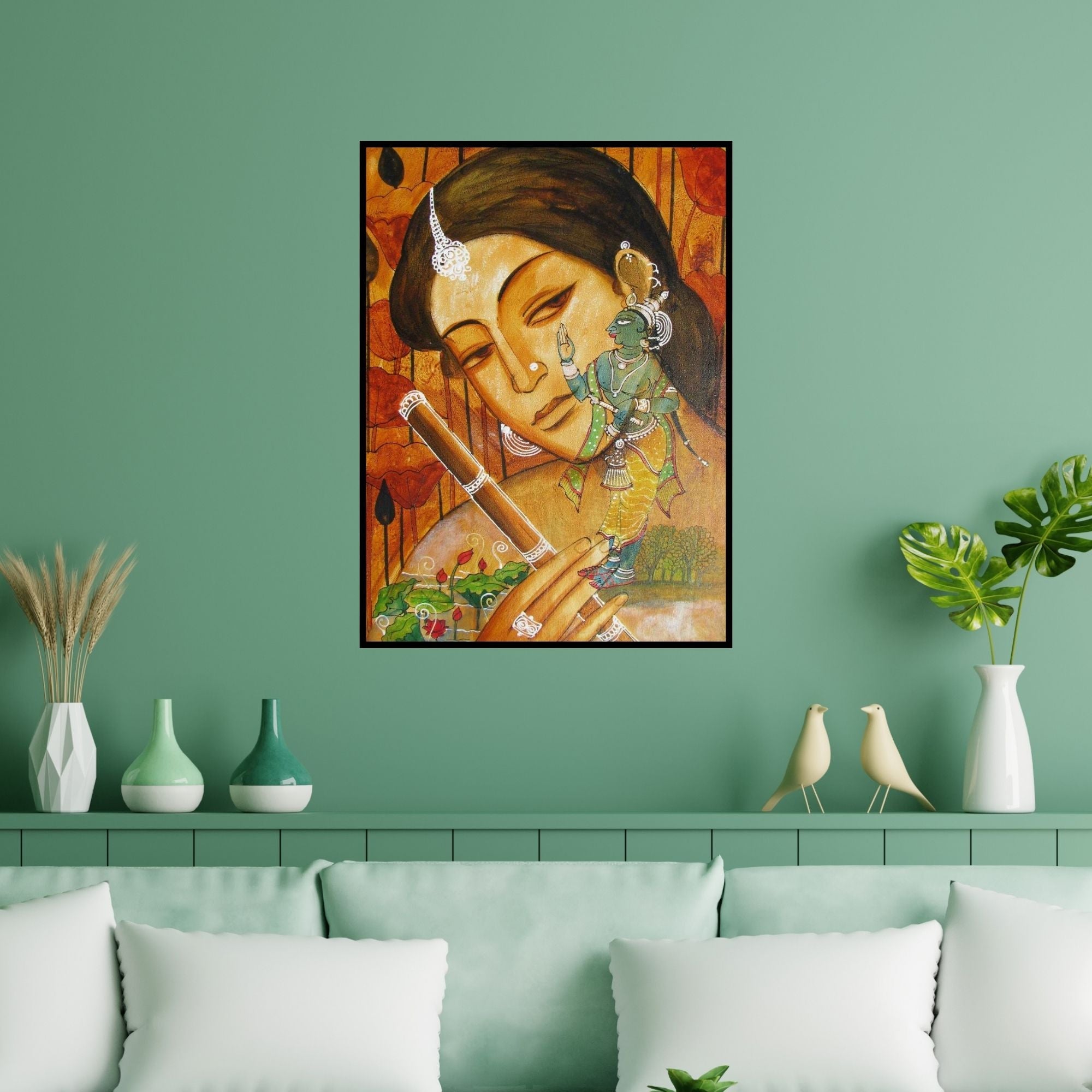 Preview of 'Radha In Thought Of Krishna' Painting by Pradeep Swain shown on a wall in a furnished room.