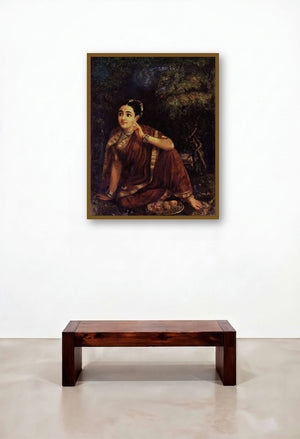 Radha Waiting For Krishna In Kunjavan (Longing for Krishna) by artist Raja Ravi Varma displayed in a Art Deco Library