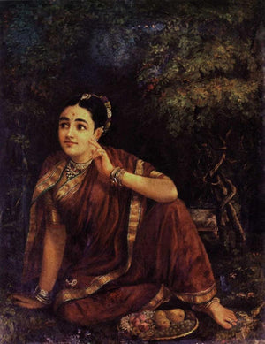 Radha Waiting For Krishna In Kunjavan (Longing for Krishna) by Raja Ravi Varma, Print Oil Figurative Painting on Canvas, X-Small Vertical Wall Art