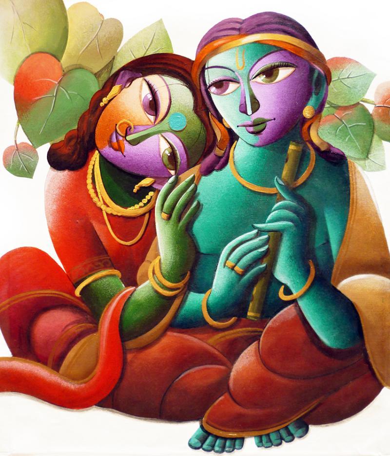 Religious acrylic painting titled 'Radha With Krishna I', 24x28 inches, by artist Dhananjay Mukherjee on Canvas