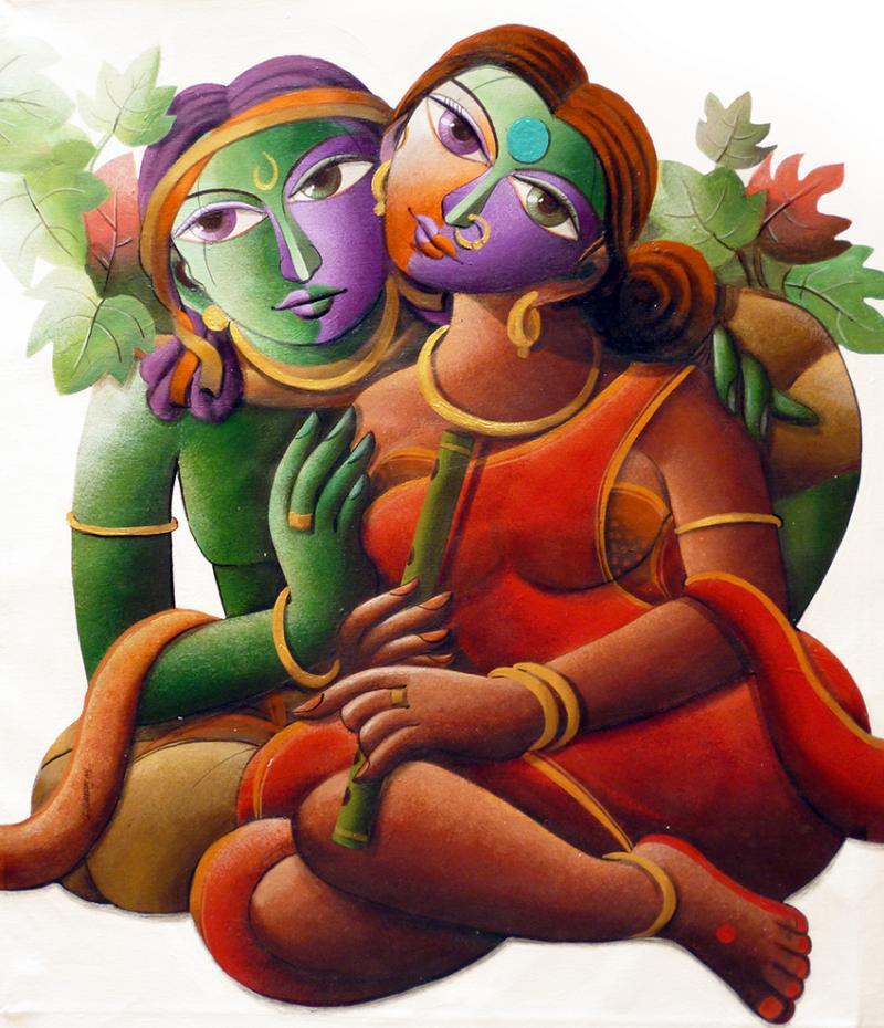 Religious acrylic painting titled 'Radha With Krishna II', 24x28 inches, by artist Dhananjay Mukherjee on Canvas