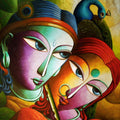 Religious acrylic painting titled 'Radha With Krishna III', 34x34 inches, by artist Dhananjay Mukherjee on Canvas