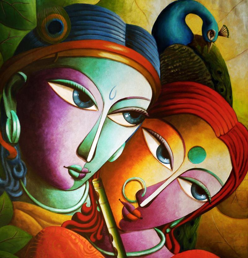 Religious acrylic painting titled 'Radha With Krishna III', 34x34 inches, by artist Dhananjay Mukherjee on Canvas