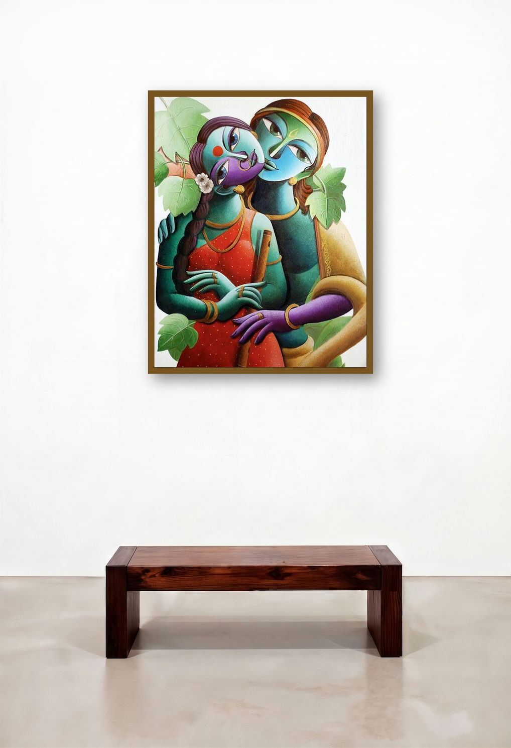 Radha With Krishna Iv by artist Dhananjay Mukherjee displayed in a Scandinavian Library
