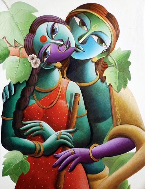 Religious acrylic painting titled 'Radha With Krishna IV', 32x25 inches, by artist Dhananjay Mukherjee on Canvas