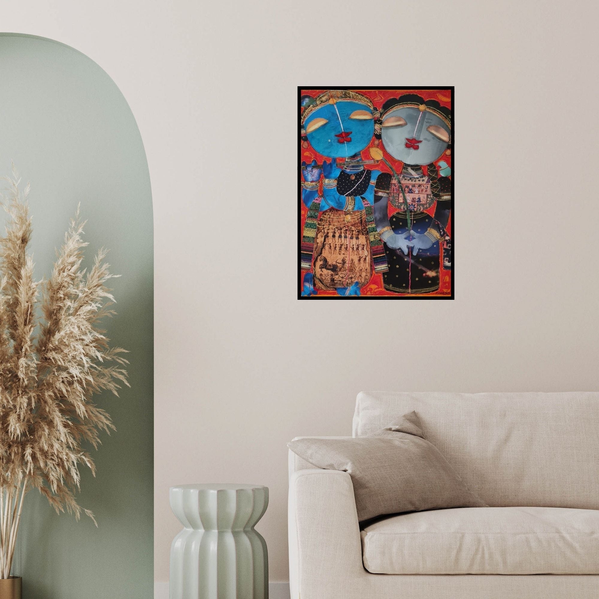 In-situ view of G Subramanian's 'Radhakrishna (Divine Flute Song)' painting in a room