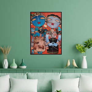 Preview of 'Radhakrishna (Eternal Love: Radha Krishna)' Painting by G Subramanian shown on a wall in a furnished room.