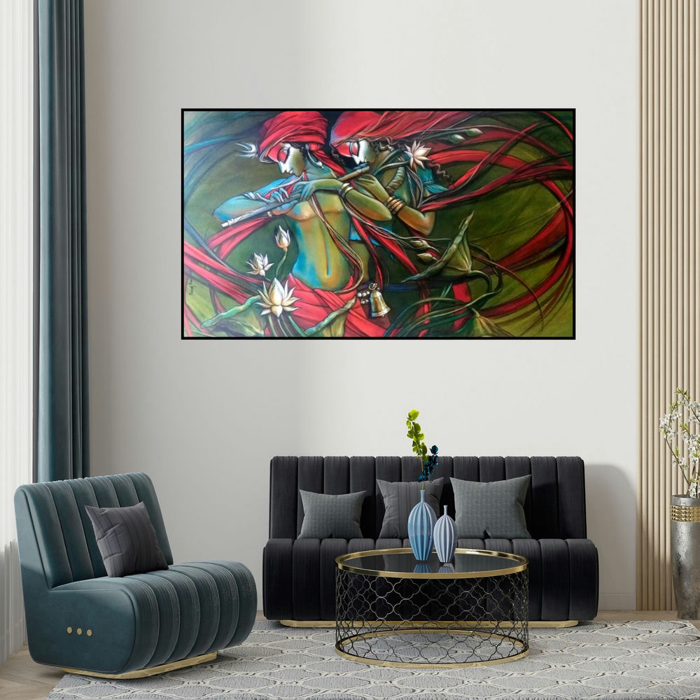 Manoj Das's 'Radha Krishna 6' painting visualized above a sofa in a contemporary room.